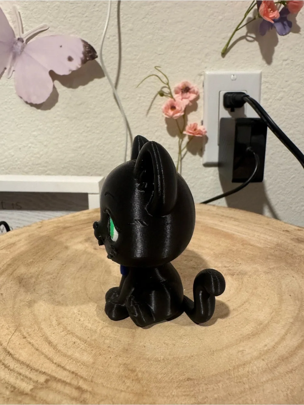 Black Cat Figurine with Green Eyes and Blue Collar - Pet Décor